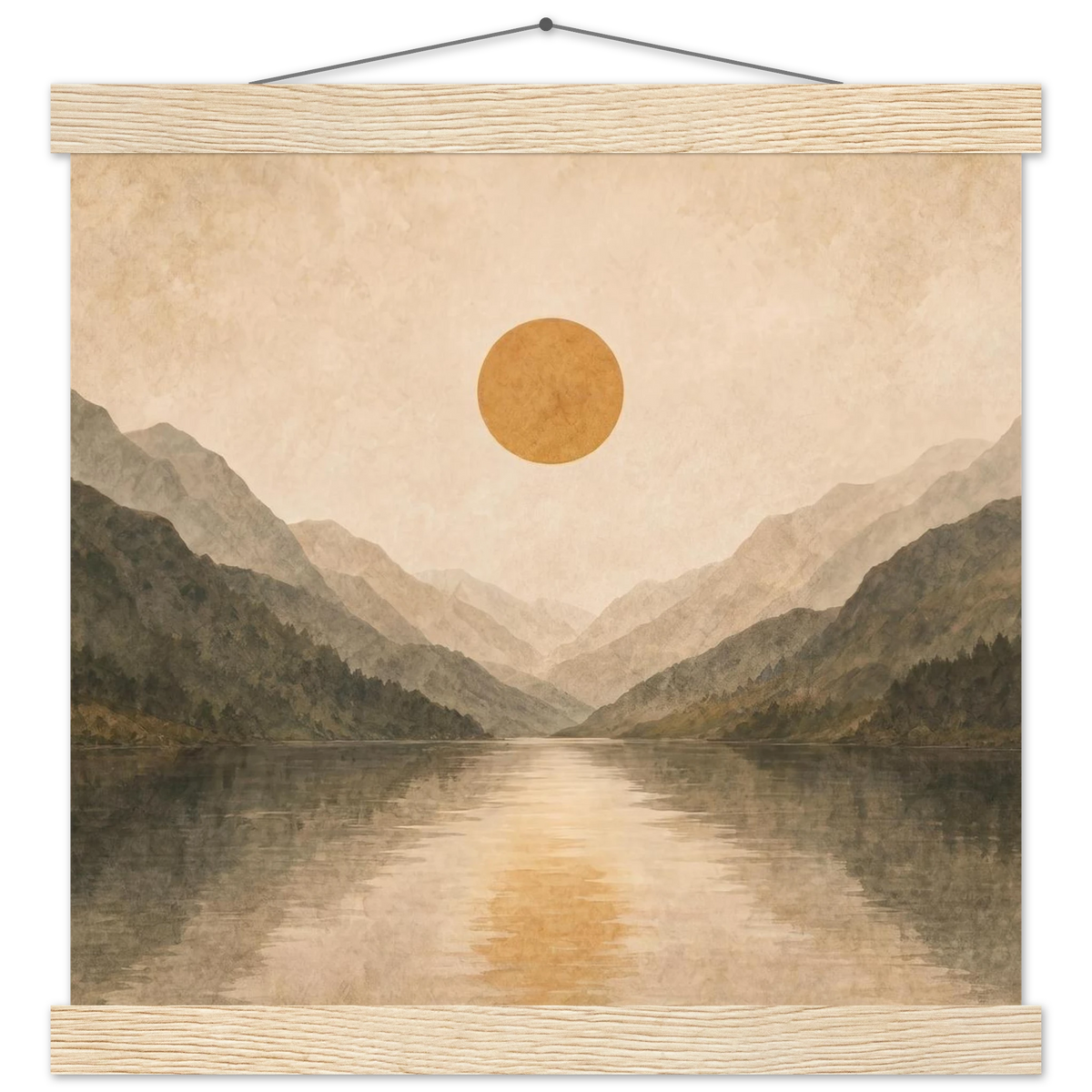 Lake Mirror: mountains, sunset and sun reflection. Fine art poster with wooden hanger by The Light Stays.