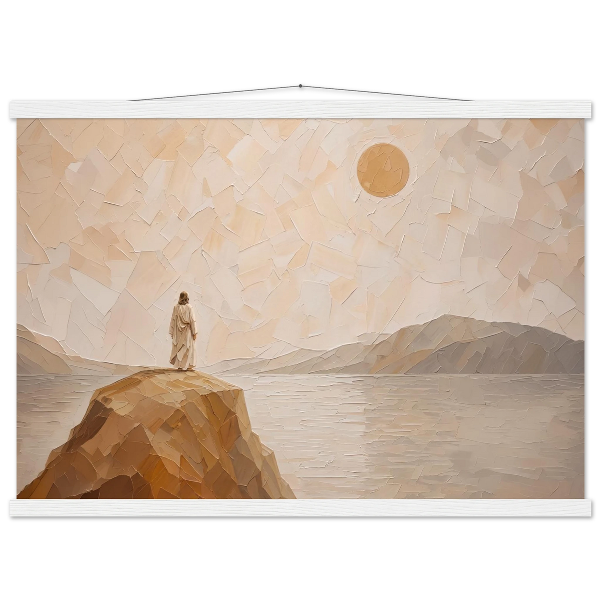 Salt Shore: jesus, cliff and sea. Fine art poster with wooden hanger by The Light Stays.