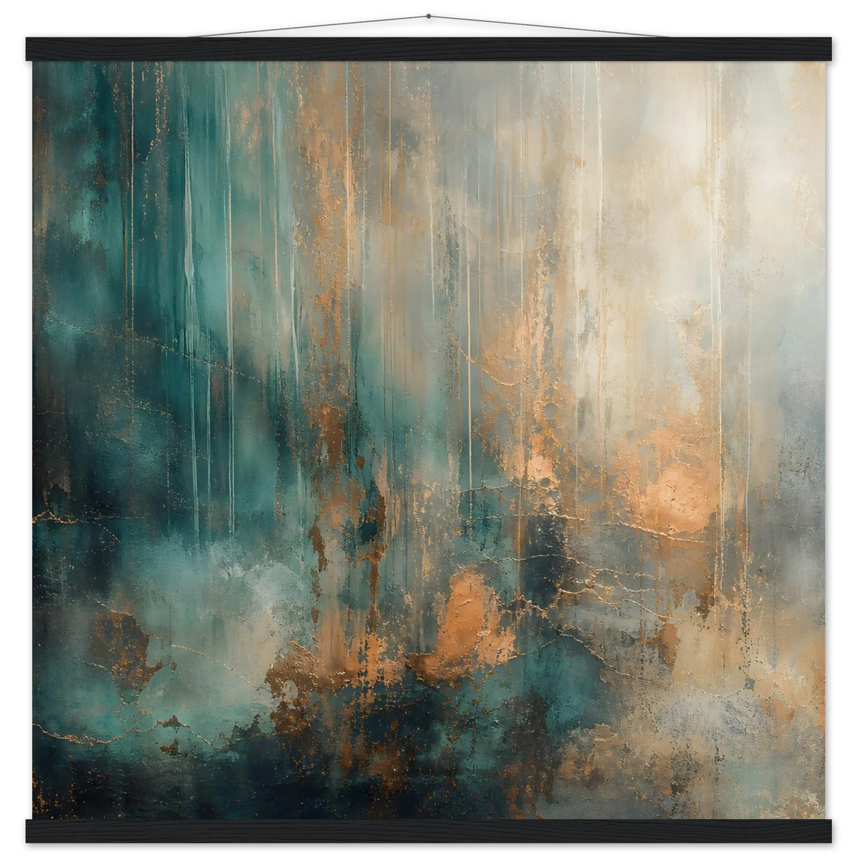 Copper Rain: abstract, texture and metallic tones. Fine art poster with wooden hanger by The Light Stays.
