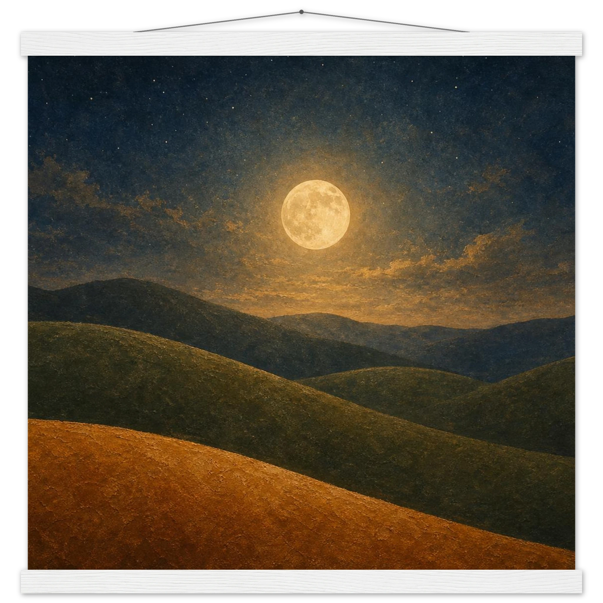Moon Hills: night, minimalist landscape and charcoal. Fine art poster with wooden hanger by The Light Stays.