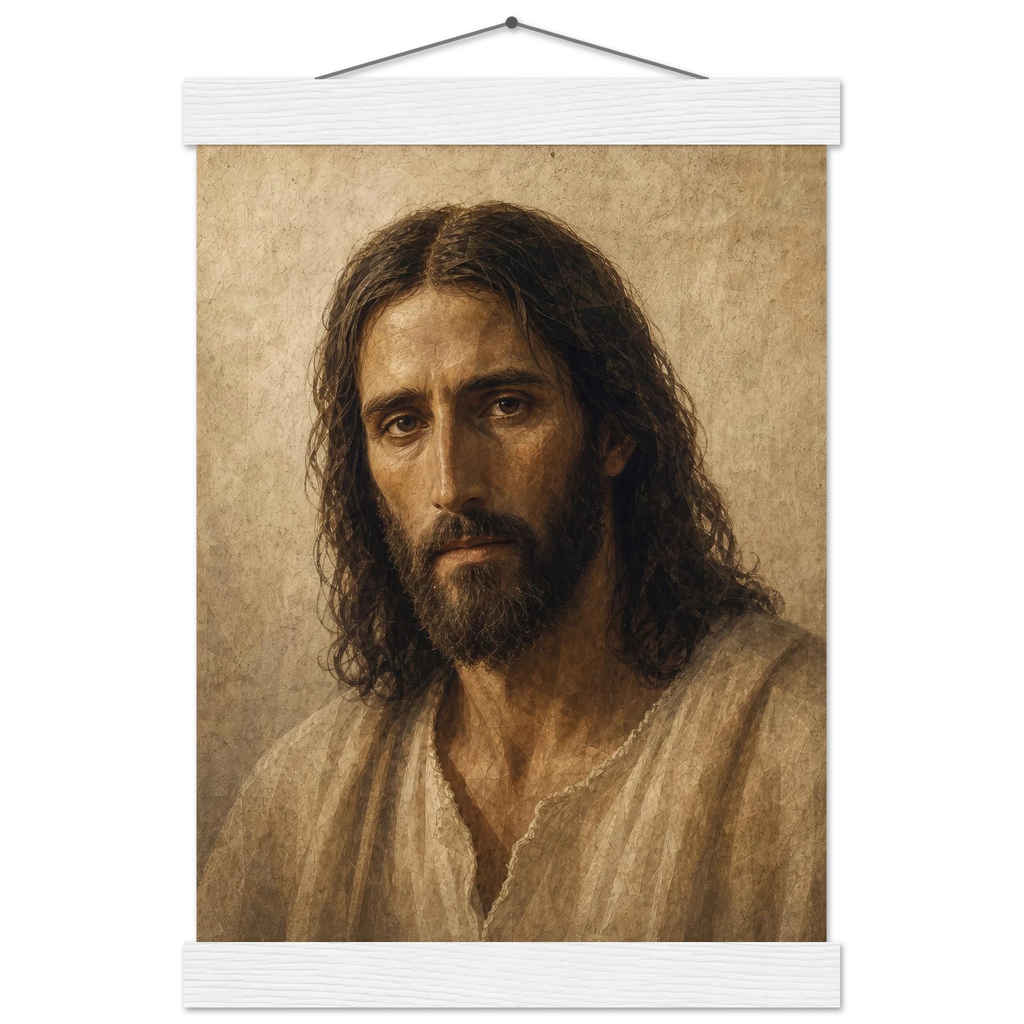 Pôster Kind Eyes com suporte de madeira, retrato sereno de Jesus em luz quente