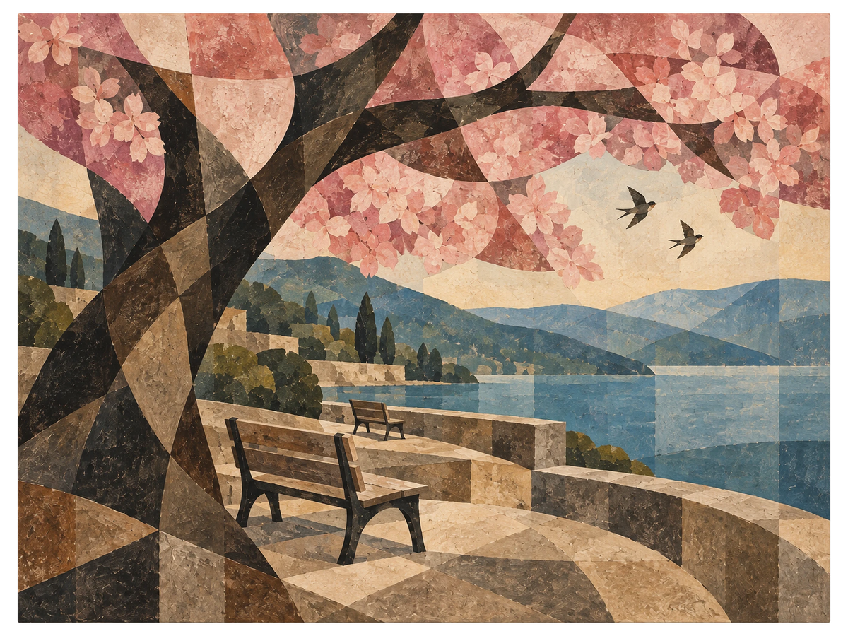 Cherry tree in flower over a stone terrace with an empty bench, a blue lake beyond, two swallows in the sky, shown as the object on gallery canvas, no frame