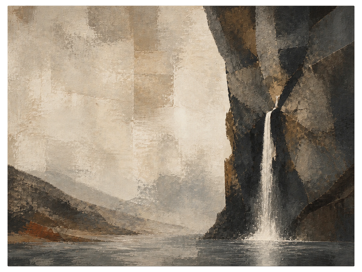 Waterfall dropping from a gap in a dark cliff into a pale still lake, far shore dissolving into mist, shown as the object on gallery canvas, no frame