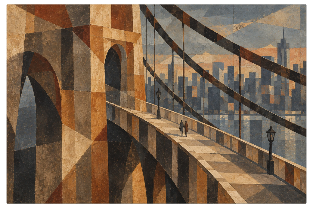 Two small figures walking across a suspension bridge toward a city skyline, cables cutting the sky into diagonals, shown as the object on gallery canvas, no frame