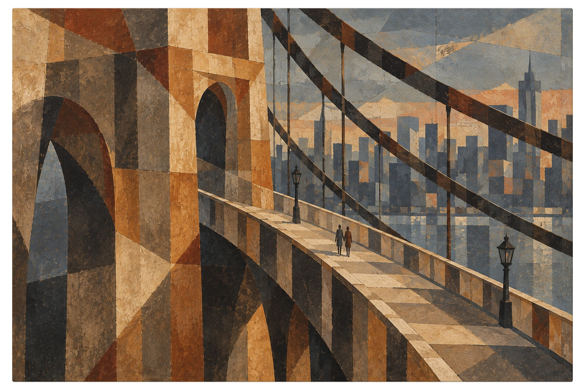 Two small figures walking across a suspension bridge toward a city skyline, cables cutting the sky into diagonals, shown as the object on gallery canvas, no frame