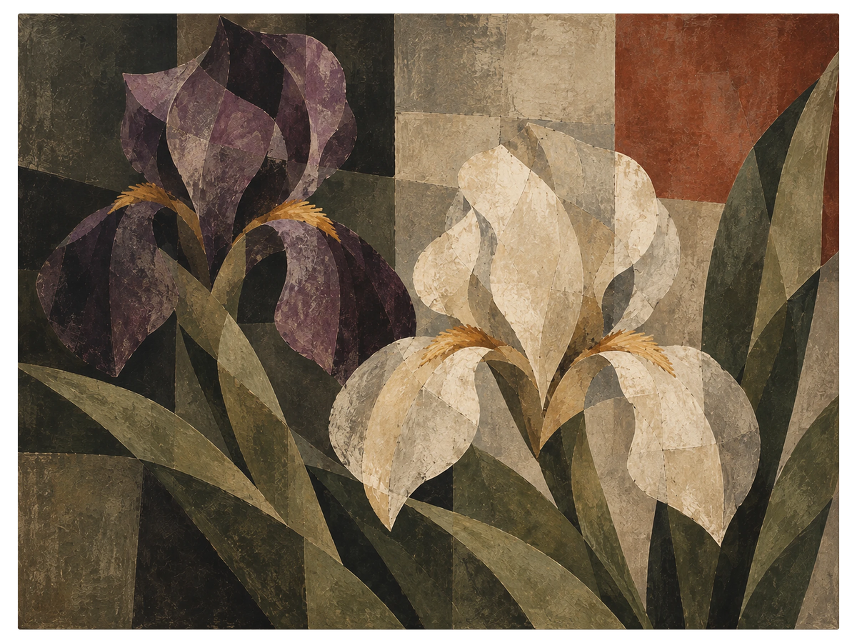Purple iris and white iris opening against deep green faceted leaves, with a red panel behind them, shown as the object on gallery canvas, no frame