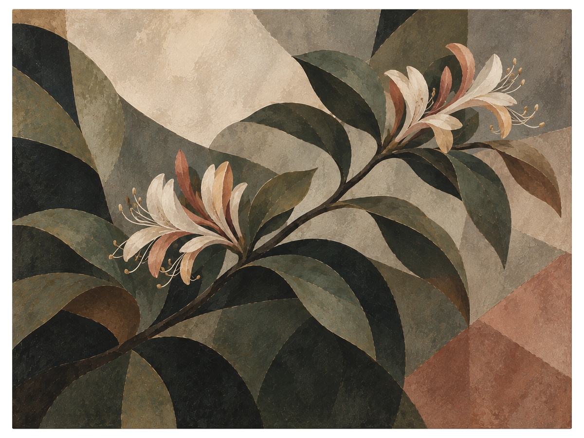 Honeysuckle flowers opening against a cream sky with long stamens, broad faceted green leaves below, shown as the object on gallery canvas, no frame