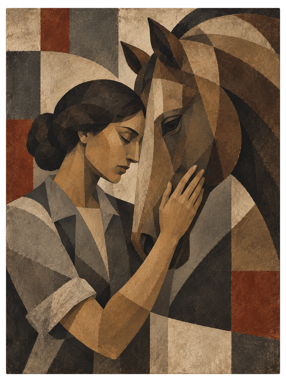 Woman resting her face against a horse's head with her hand flat on its cheek, both in profile, faceted planes, shown as the object on gallery canvas, no frame