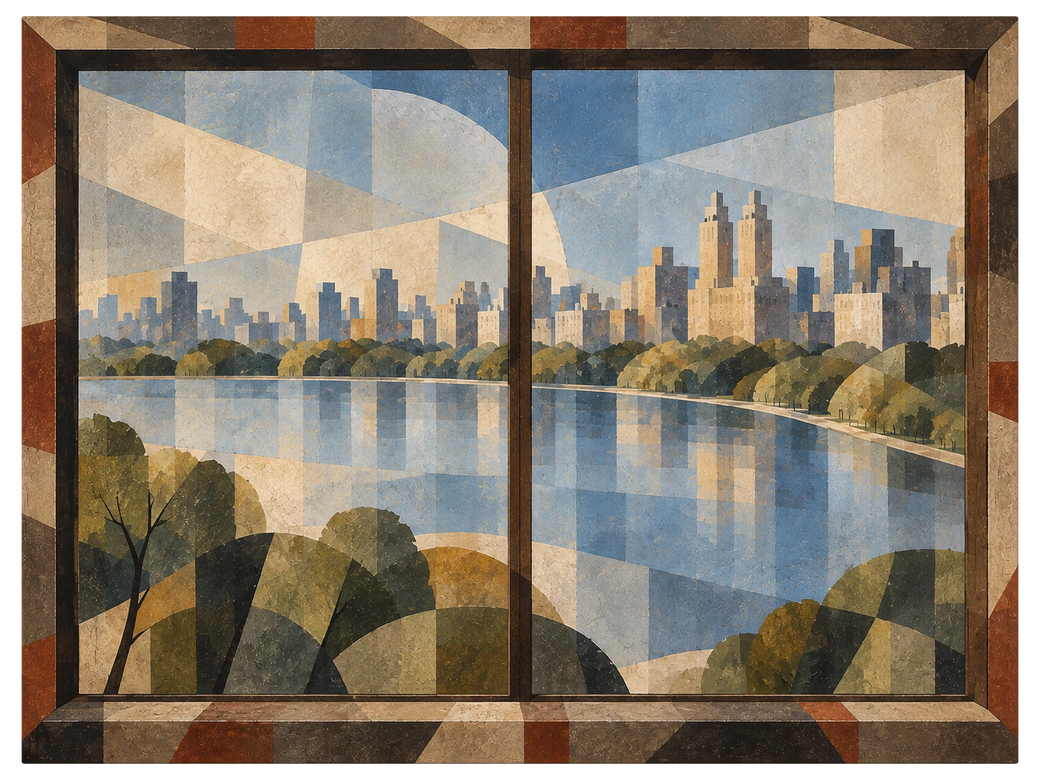 View through a window frame onto a city park, reservoir reflecting the skyline, towers rising past the treeline, shown as the object on gallery canvas, no frame