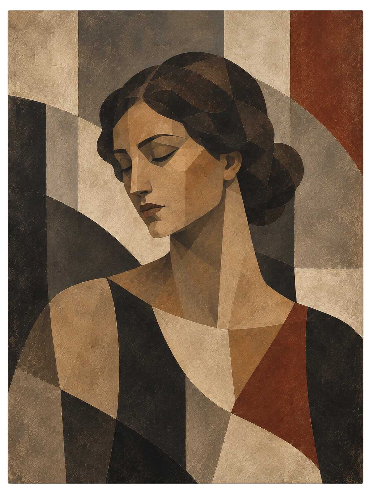 Woman in three-quarter profile with her eyes closed and hair drawn back, built from faceted planes of bone, clay and oxblood, shown as the object on gallery canvas, no frame