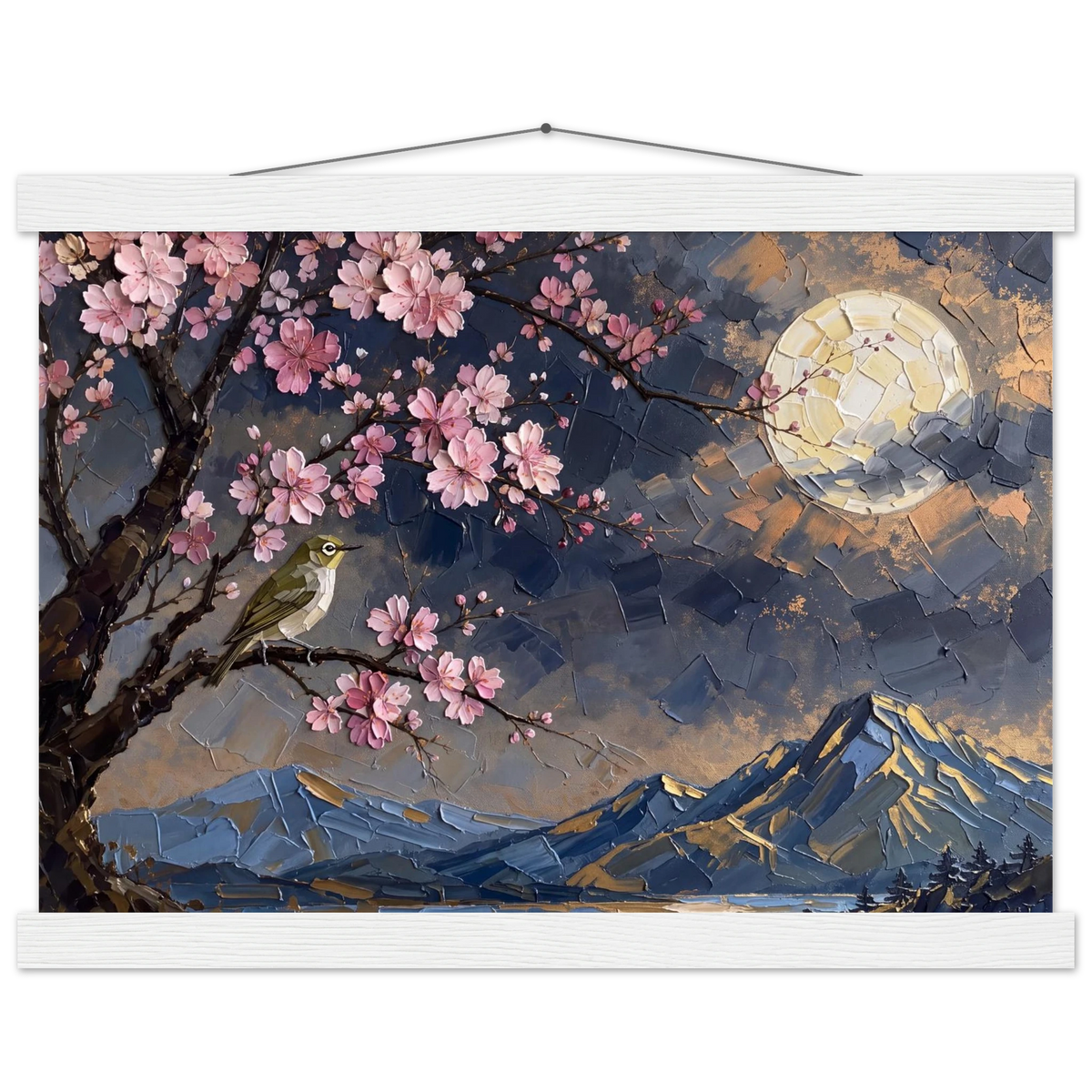 Blossom Moon: cherry blossom, japanese landscape and night. Fine art poster with wooden hanger by The Light Stays.