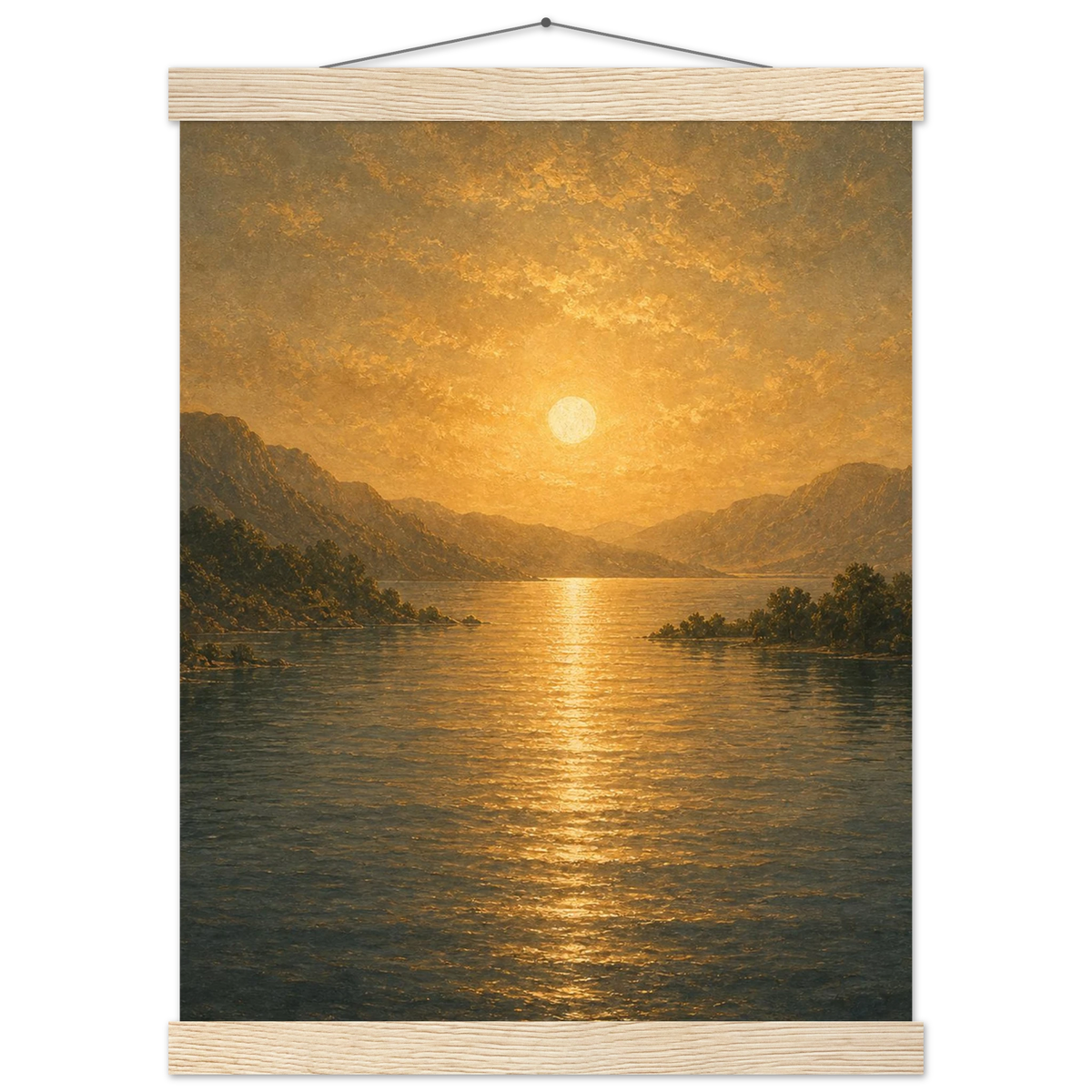 Golden Reflection: lake, sunset and mountains. Fine art poster with wooden hanger by The Light Stays.