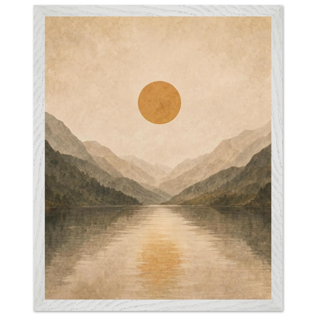 Lake Mirror: mountains, sunset and sun reflection. Framed fine art print by The Light Stays.