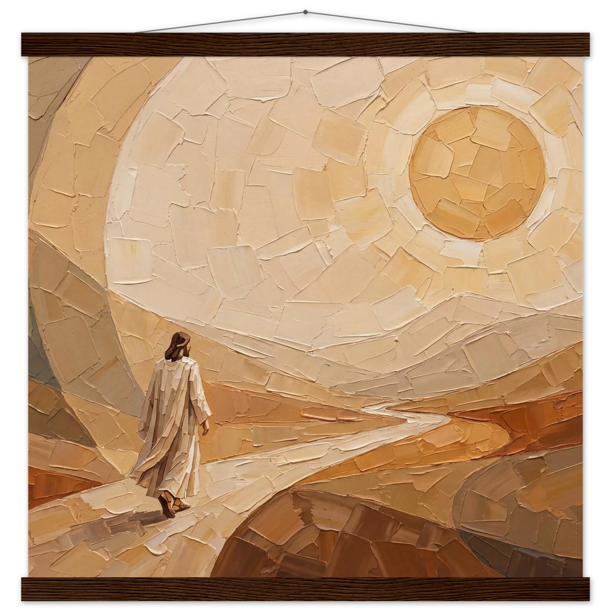 Lightfall: jesus, landscape and golden tones. Fine art poster with wooden hanger by The Light Stays.