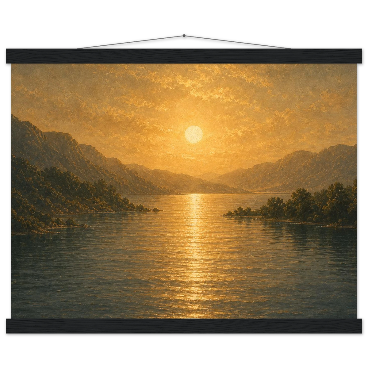 Golden Reflection: lake, sunset and mountains. Fine art poster with wooden hanger by The Light Stays.