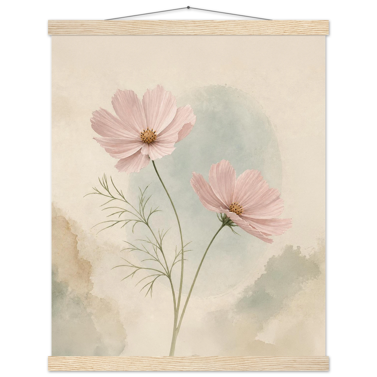 Cosmos Unison: flowers, blush and celadon. Fine art poster with wooden hanger by The Light Stays.