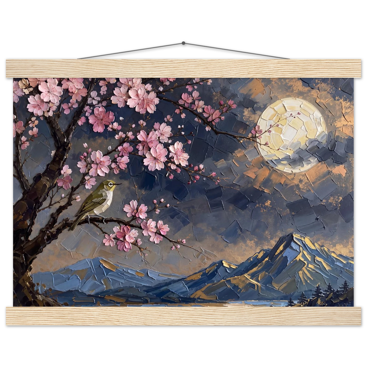 Blossom Moon: cherry blossom, japanese landscape and night. Fine art poster with wooden hanger by The Light Stays.
