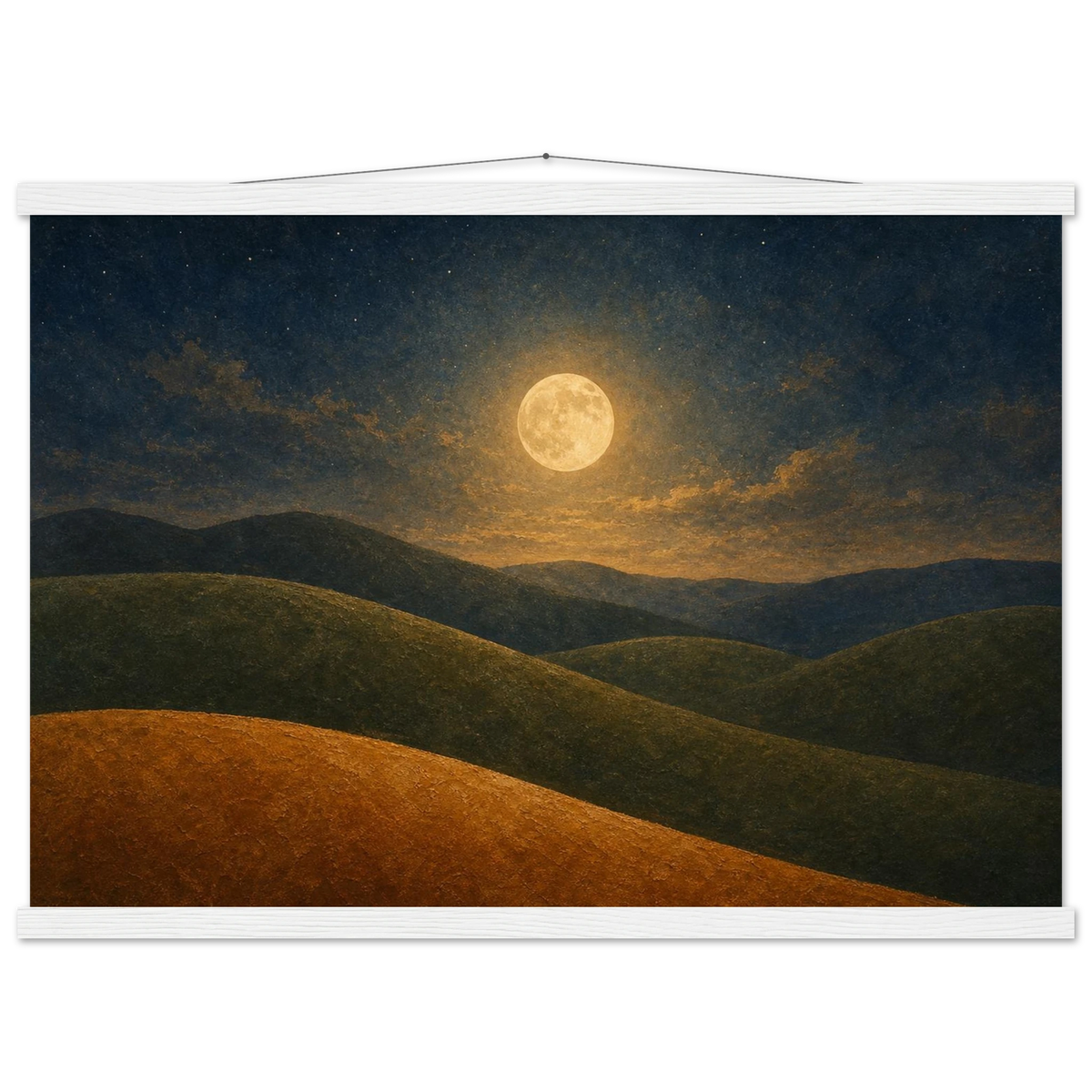 Moon Hills: night, minimalist landscape and charcoal. Fine art poster with wooden hanger by The Light Stays.