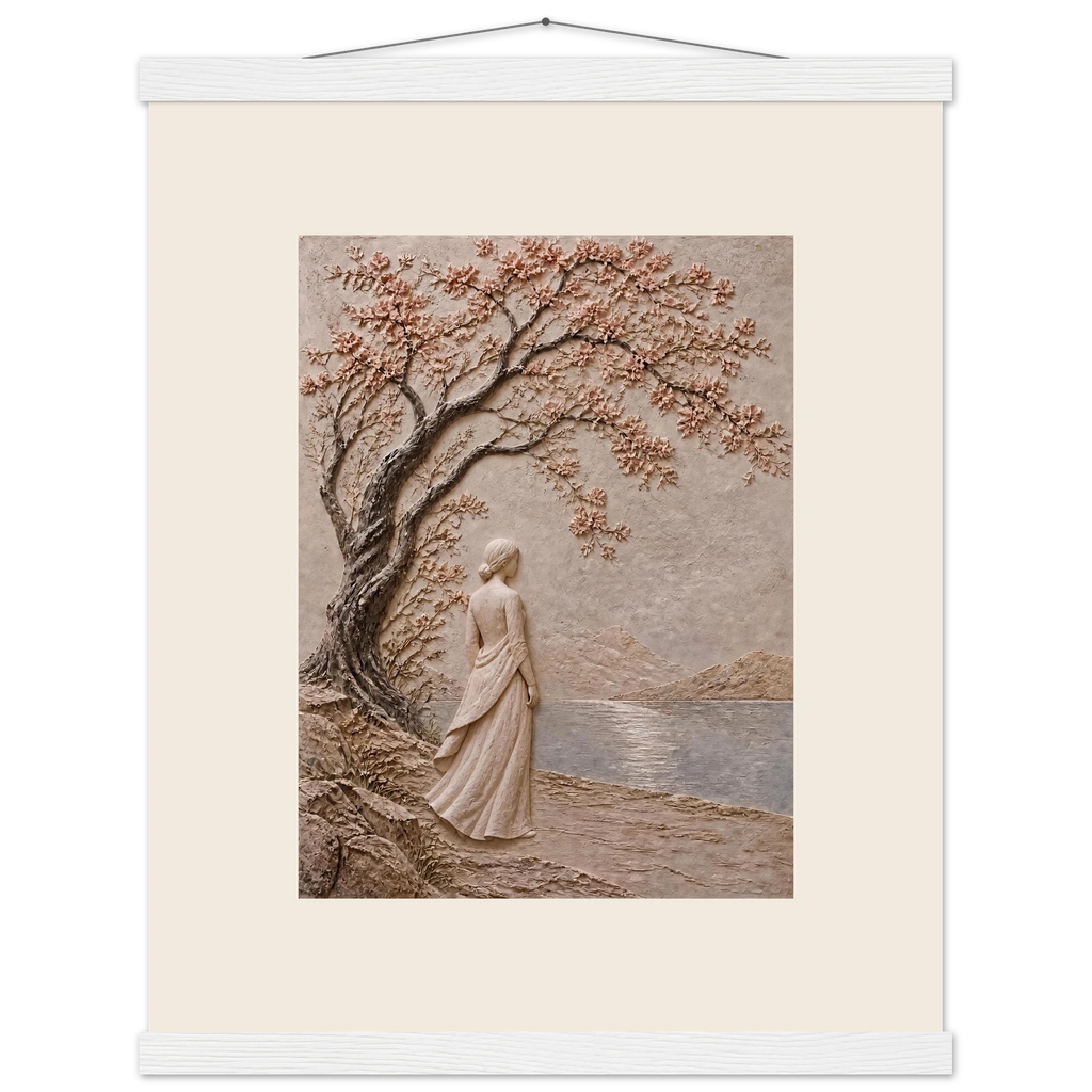 Spring Walk, impasto, lake and blossoming tree. Archival fine art poster shown framed.
