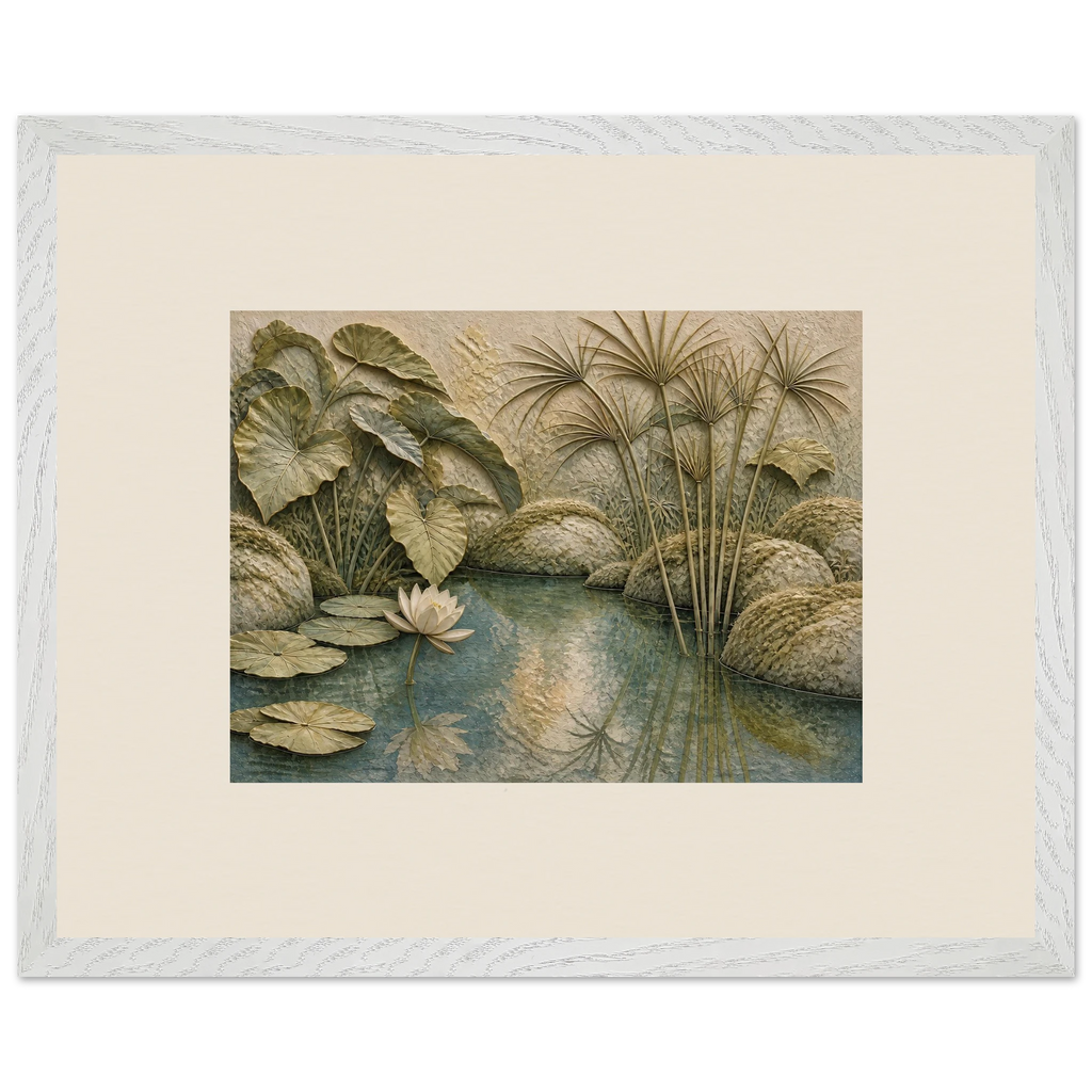Papyrus Pond: lake, papyrus and serene greens. Framed fine art print, alternate frame and size.