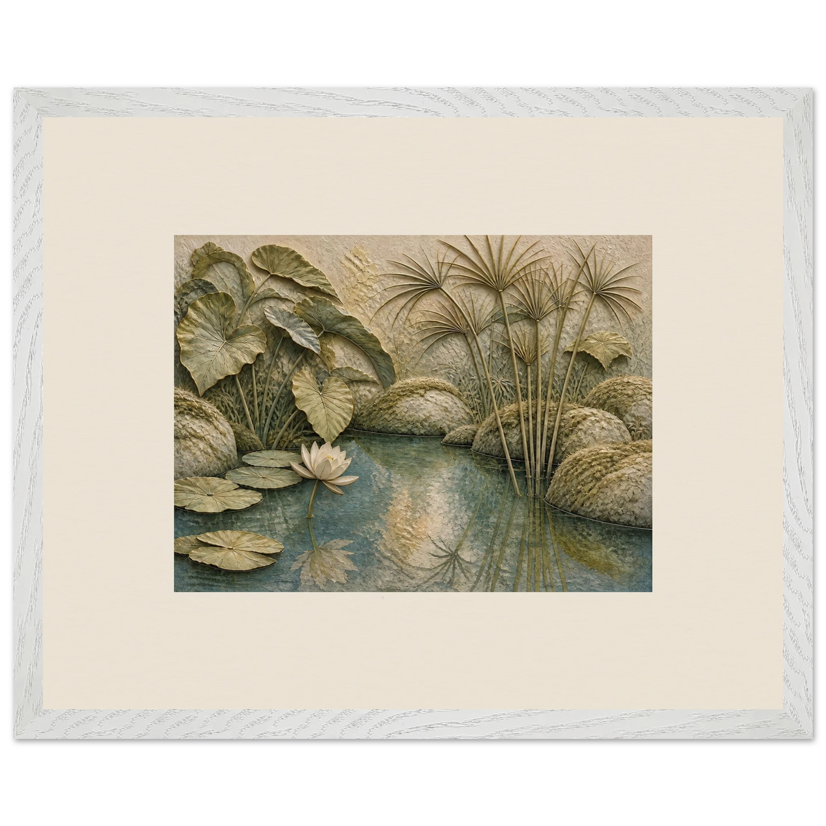 Papyrus Pond: lake, papyrus and serene greens. Framed fine art print, alternate frame and size.