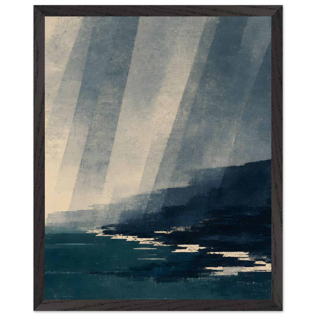 Rain Coast: japandi, teal blue and atmosphere. Framed fine art print by The Light Stays.