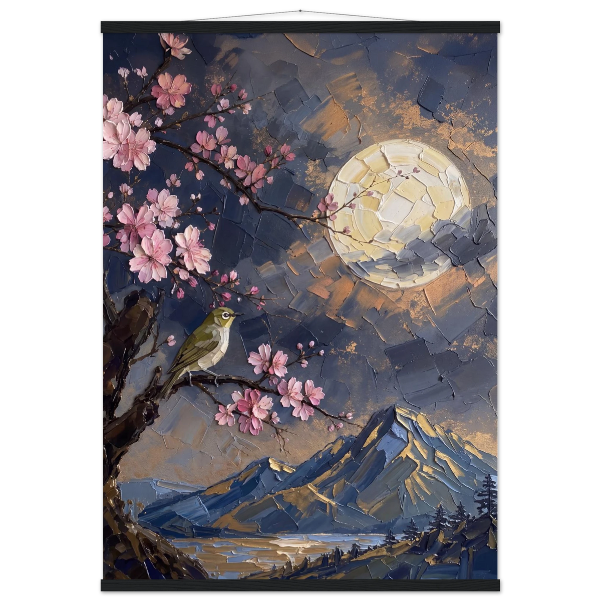 Blossom Moon: cherry blossom, japanese landscape and night. Fine art poster with wooden hanger by The Light Stays.