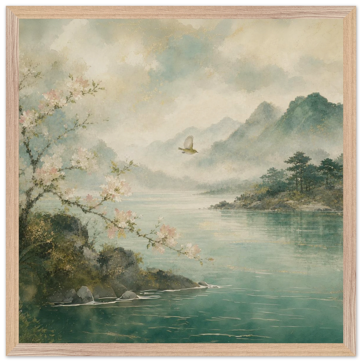 Celadon Flight: birds, japanese landscape and japandi. Framed fine art print by The Light Stays.