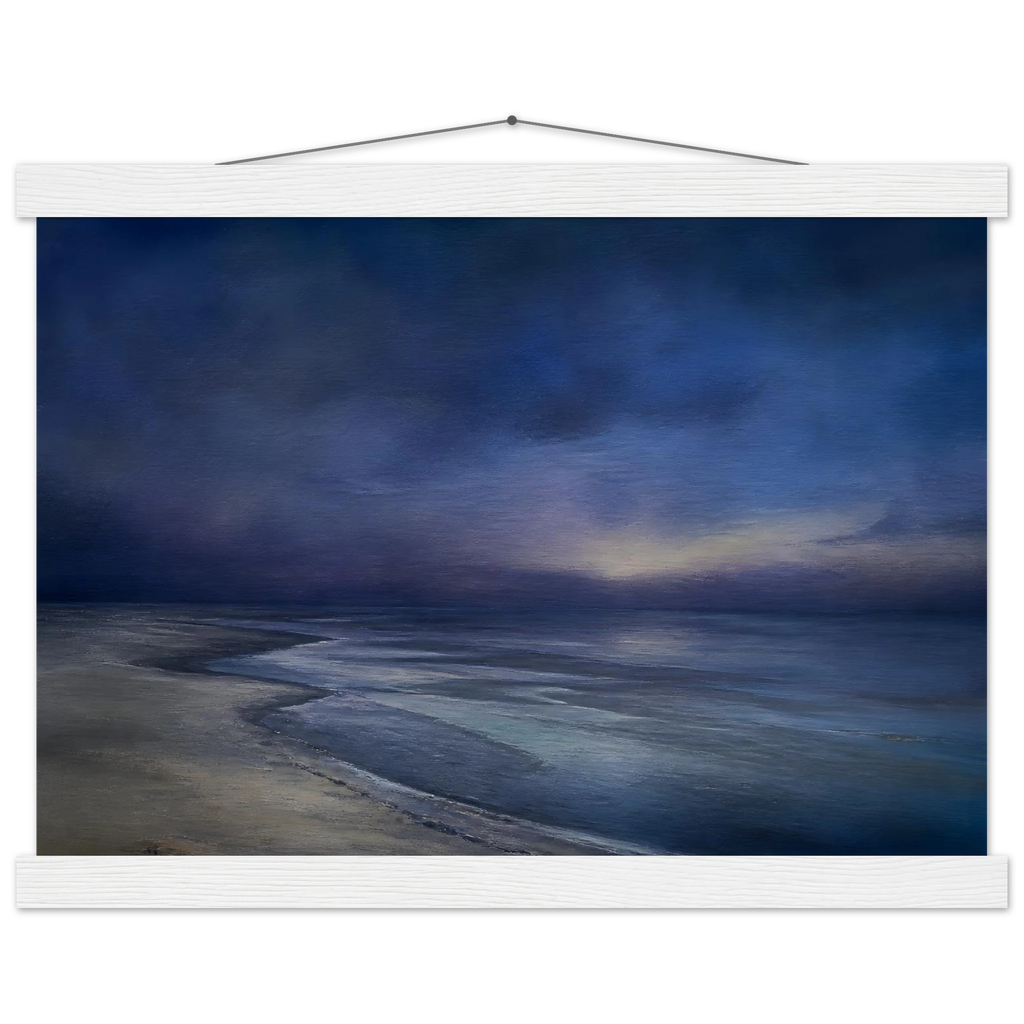 Blue Hour Shore: sea and coastal landscape. Fine art poster, alternate frame and size.