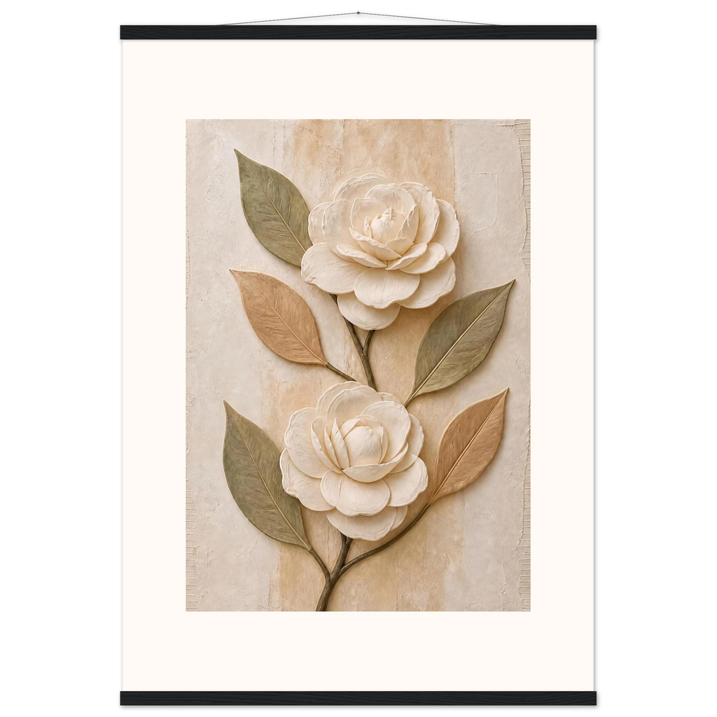 Carved Camellia: flowers and botanical. Museum-quality fine art poster.