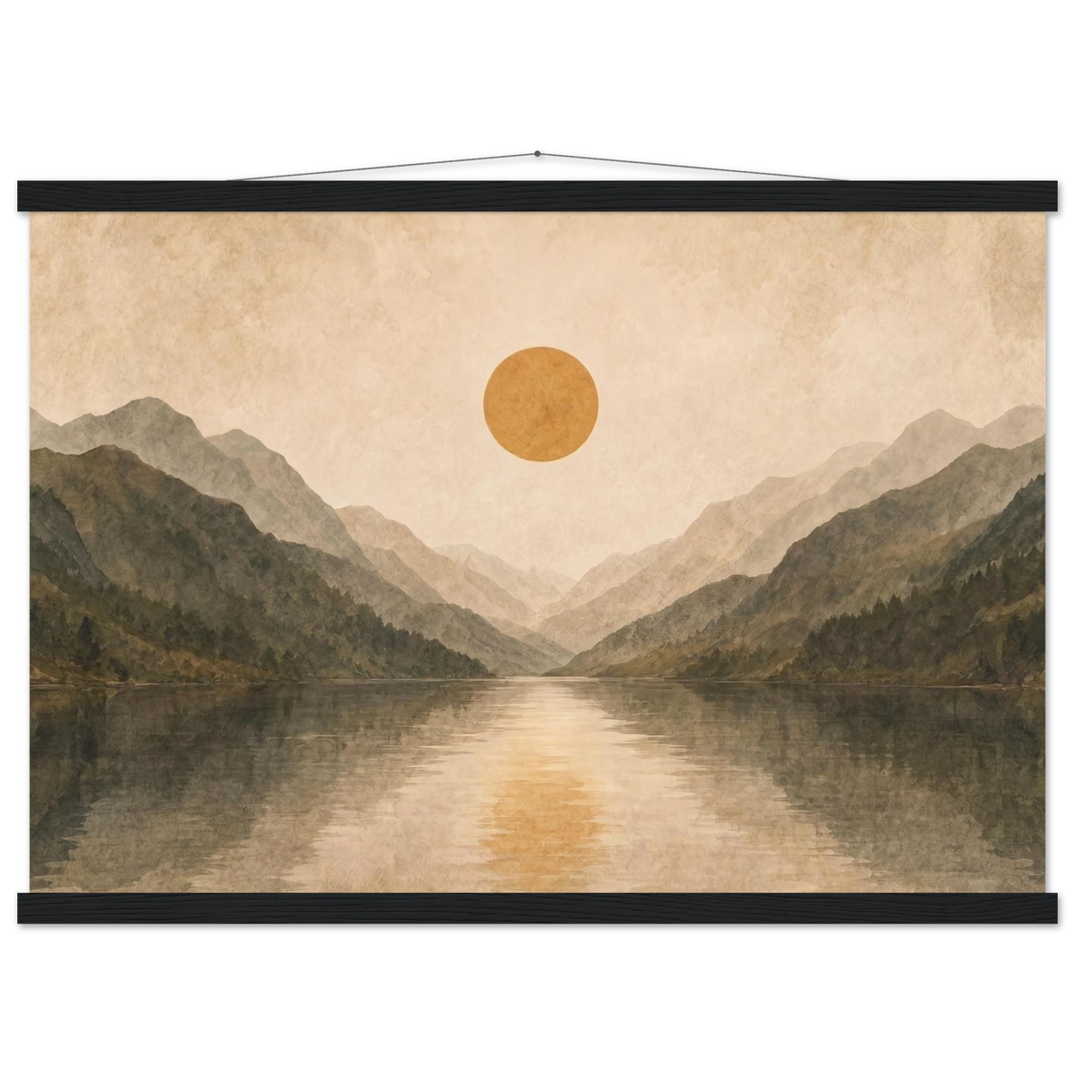 Lake Mirror: mountains, sunset and sun reflection. Fine art poster with wooden hanger by The Light Stays.