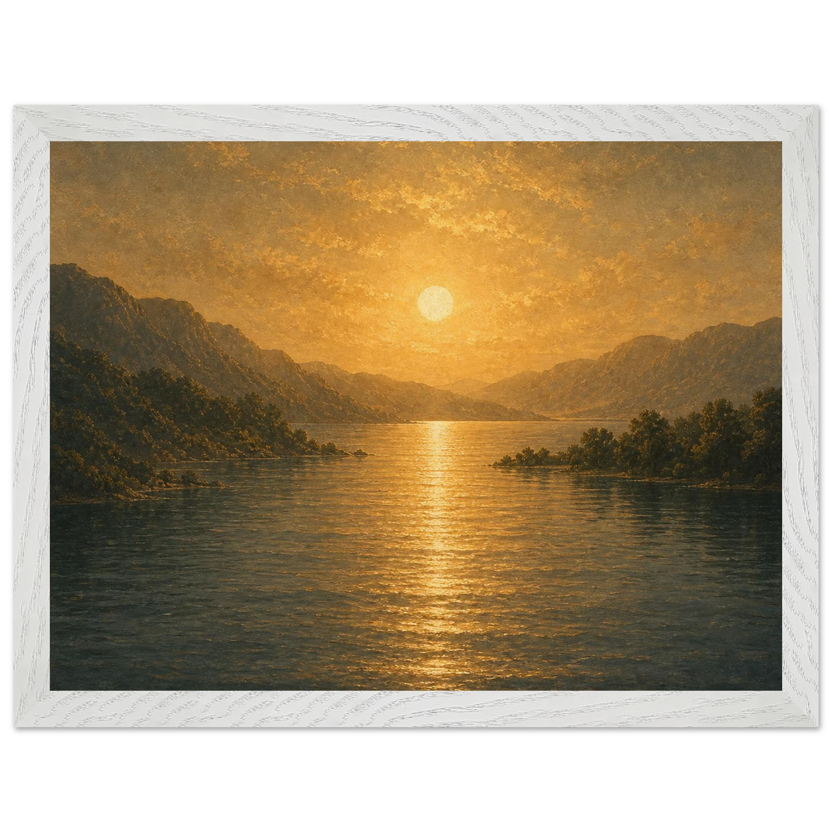 Golden Reflection: lake, sunset and mountains. Framed fine art print by The Light Stays.