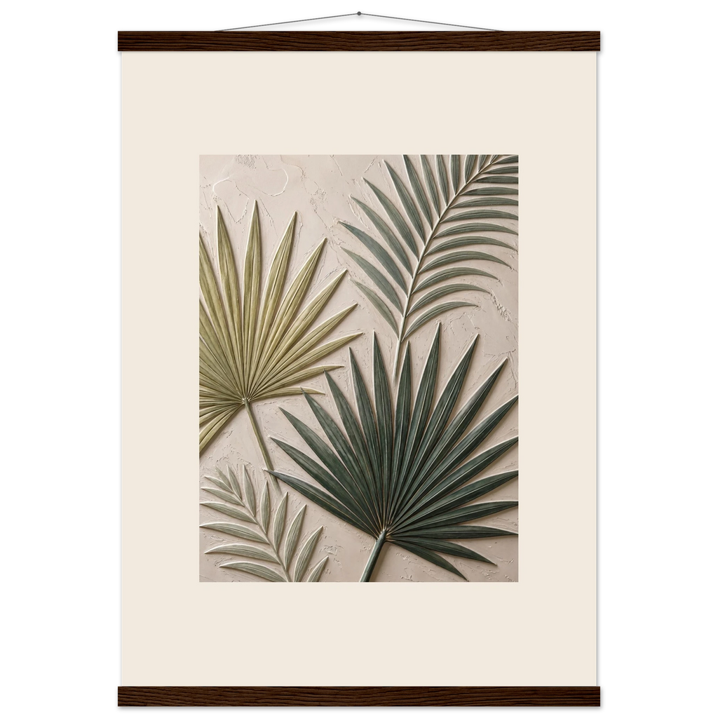 Carved Fronds: impasto, leaves and sand tones. Museum-quality fine art poster.