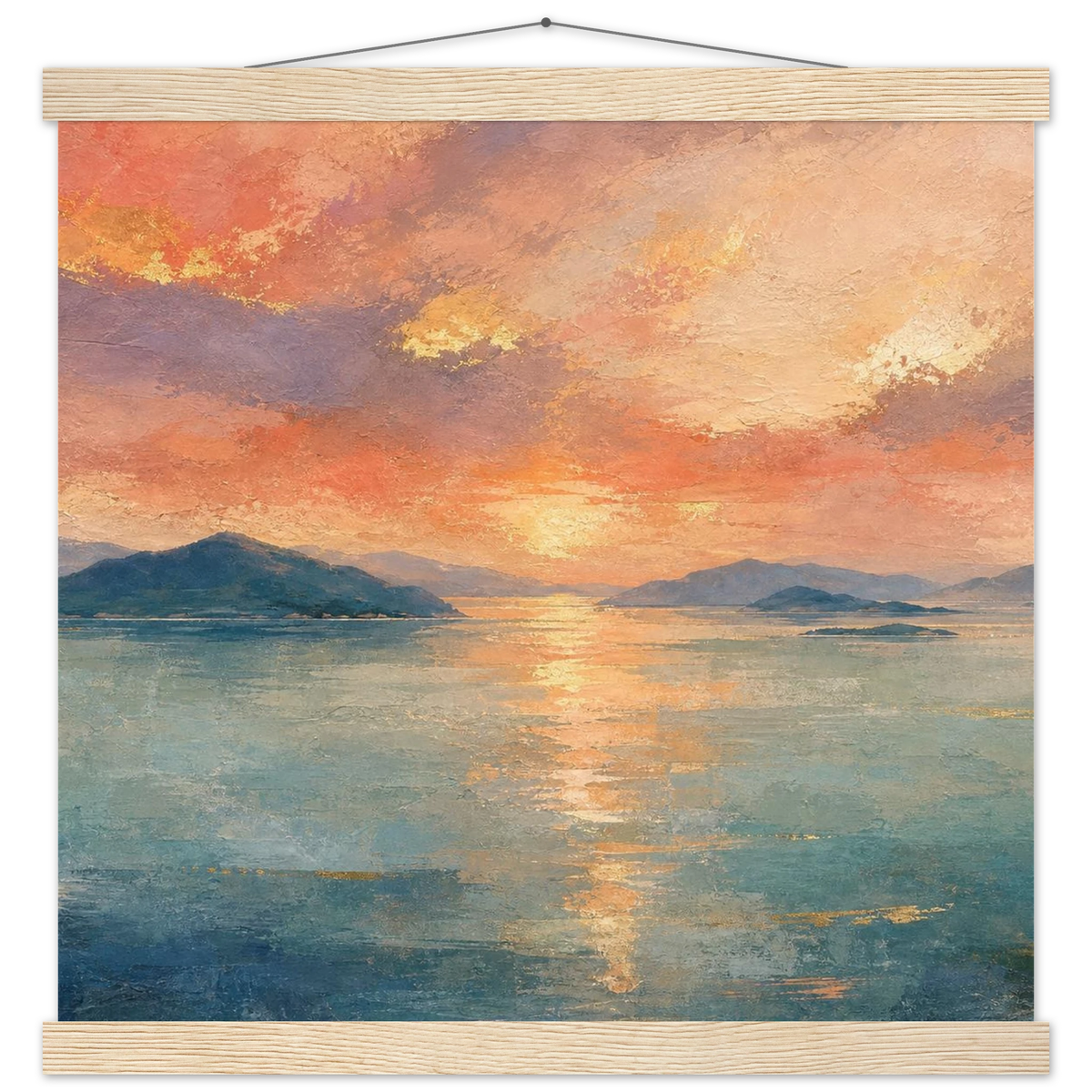 Setouchi Peach Dawn: inland sea, islands and golden reflection. Fine art poster with wooden hanger by The Light Stays.