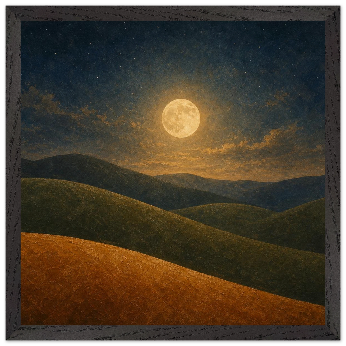 Moon Hills: night, minimalist landscape and charcoal. Framed fine art print by The Light Stays.