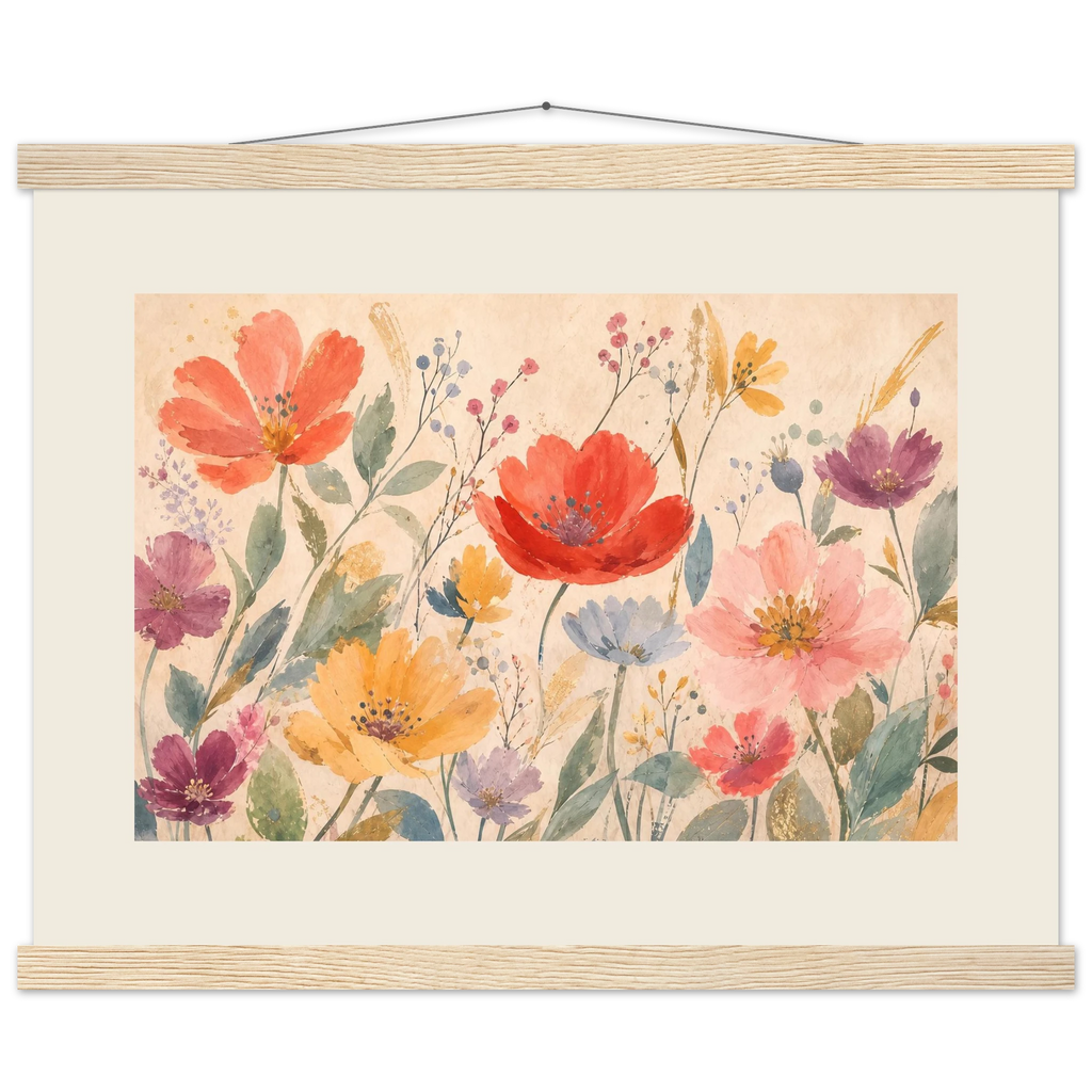 Floral Rhythm, flowers and botanical. Archival fine art poster shown framed.