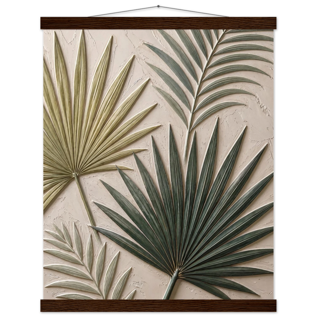 Carved Fronds: impasto, leaves and sand tones. Museum-quality fine art poster.