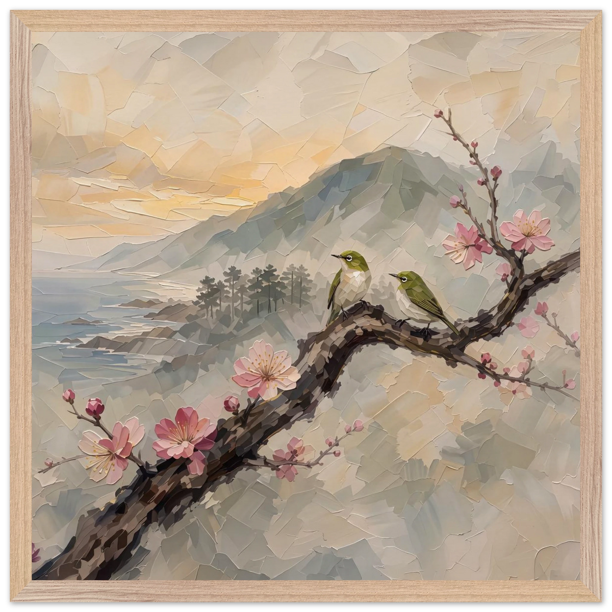 Plum Branch Pair: birds, japanese landscape and japandi. Framed fine art print by The Light Stays.