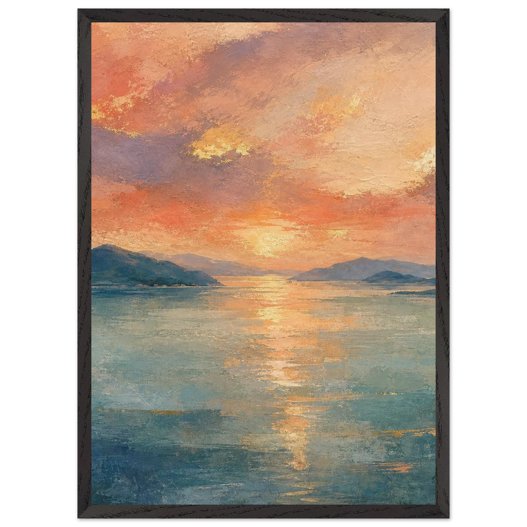 Setouchi Peach Dawn: riviera and japandi. Framed fine art print, alternate frame and size.