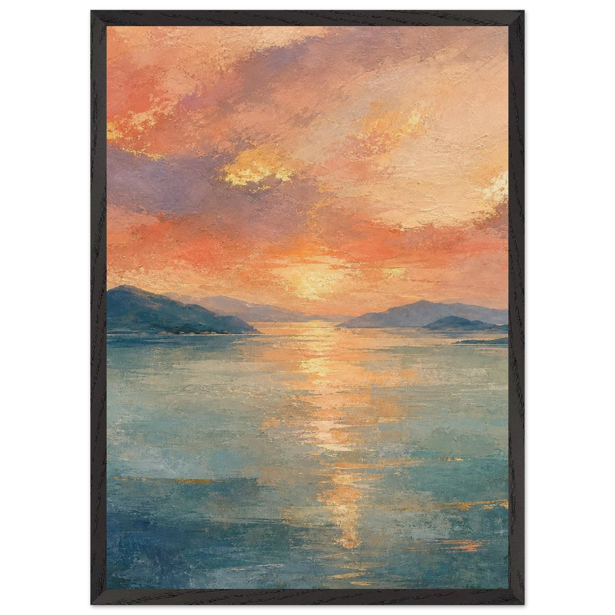 Setouchi Peach Dawn: riviera and japandi. Framed fine art print, alternate frame and size.