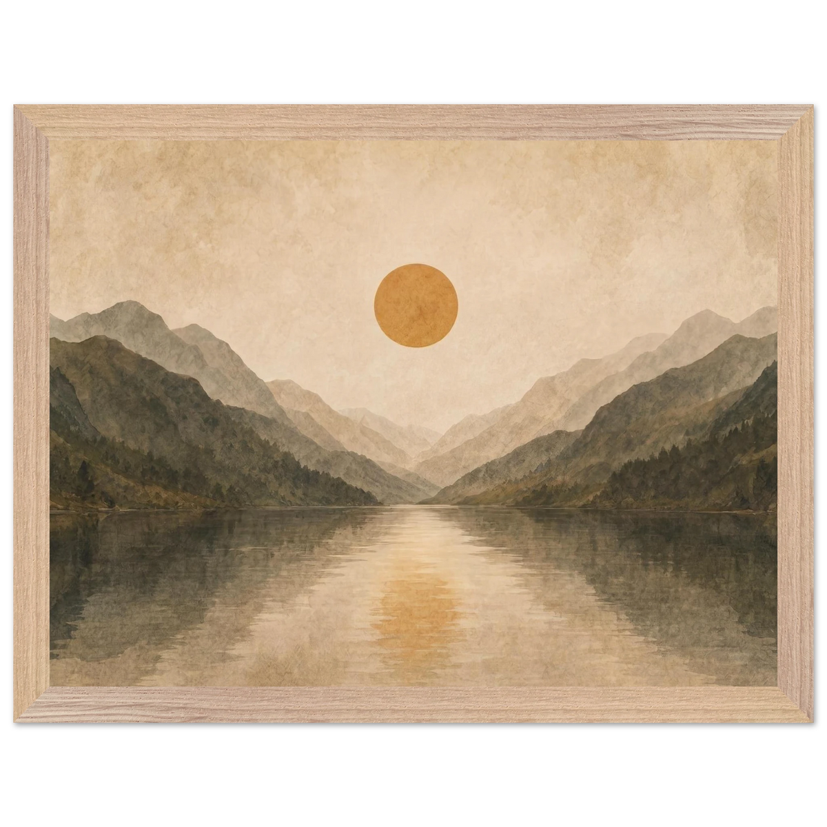 Lake Mirror: mountains, sunset and sun reflection. Framed fine art print by The Light Stays.