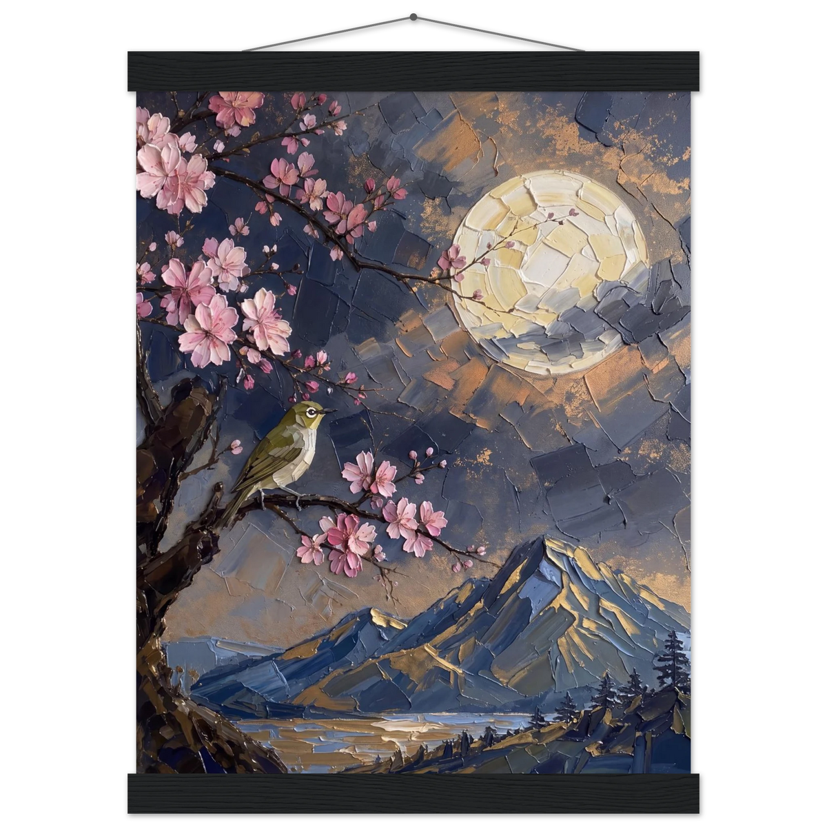 Blossom Moon: cherry blossom, japanese landscape and night. Fine art poster with wooden hanger by The Light Stays.
