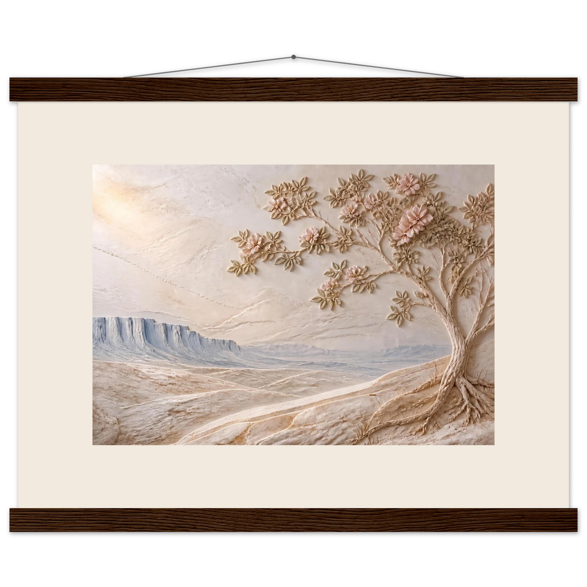 Cliffside Bloom: petra and flora. Museum-quality fine art poster.