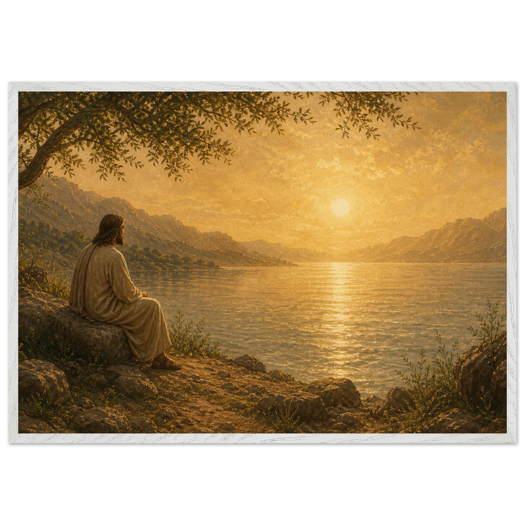Quadro cristão Bênção do Lago, Jesus sob uma oliveira diante de um lago dourado