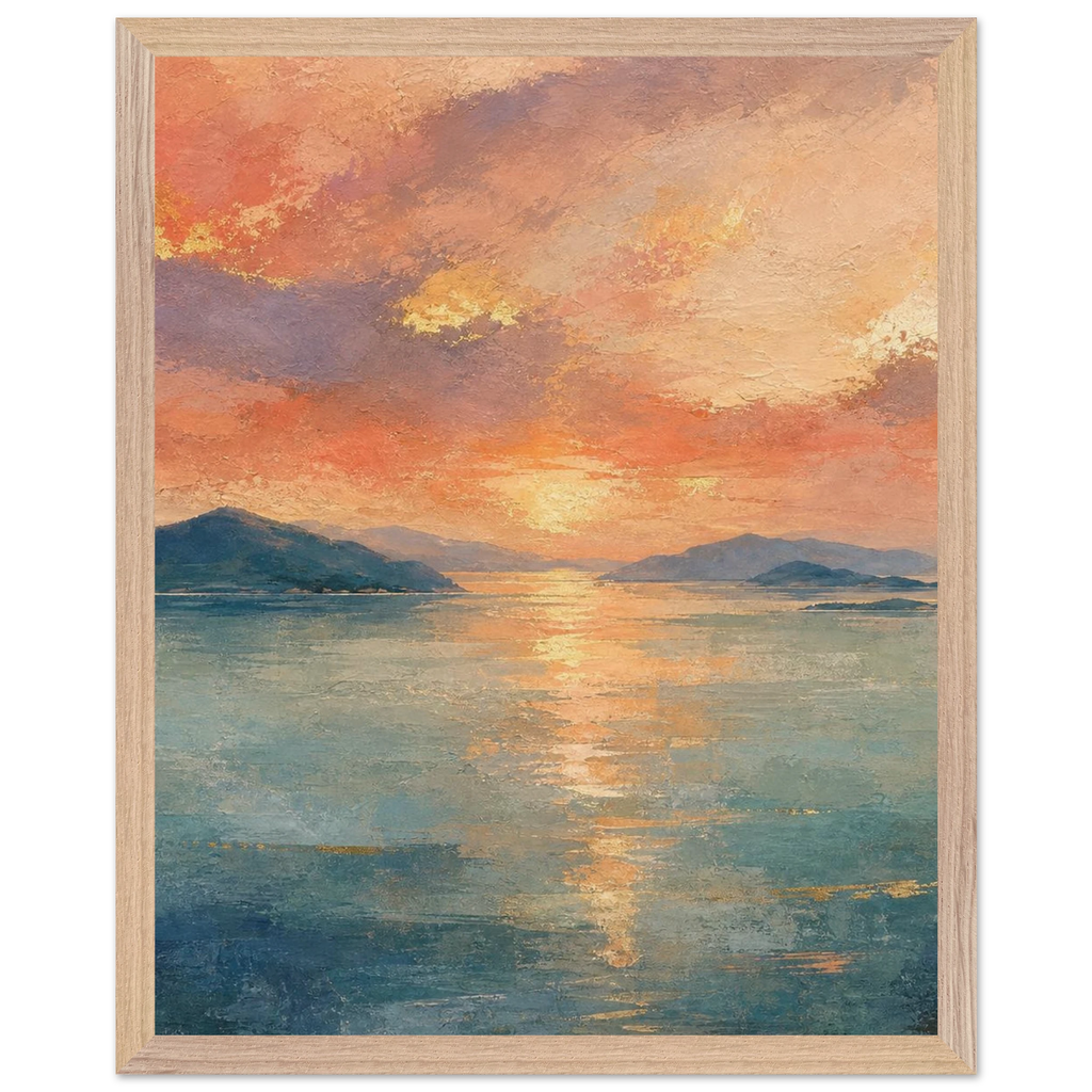 Setouchi Peach Dawn: riviera and japandi. Framed fine art print by The Light Stays.