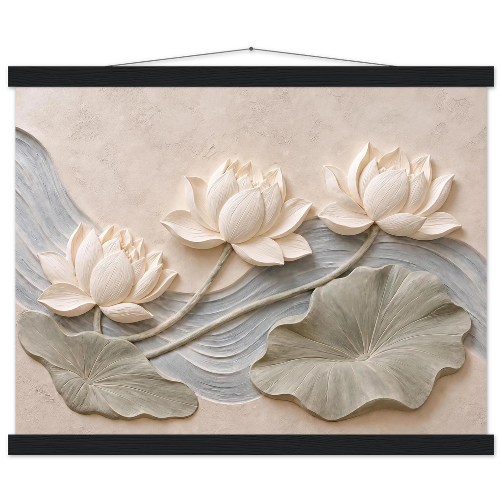 Lotus Current, flowers and botanical. Archival fine art poster shown framed.