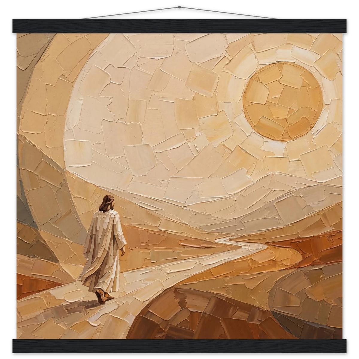 Lightfall: jesus, landscape and golden tones. Fine art poster with wooden hanger by The Light Stays.