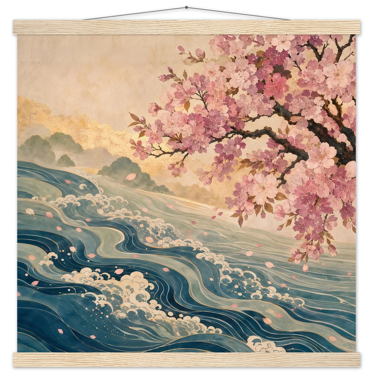 Blossom Tide: japanese art, cherry blossom and wave. Fine art poster with wooden hanger by The Light Stays.