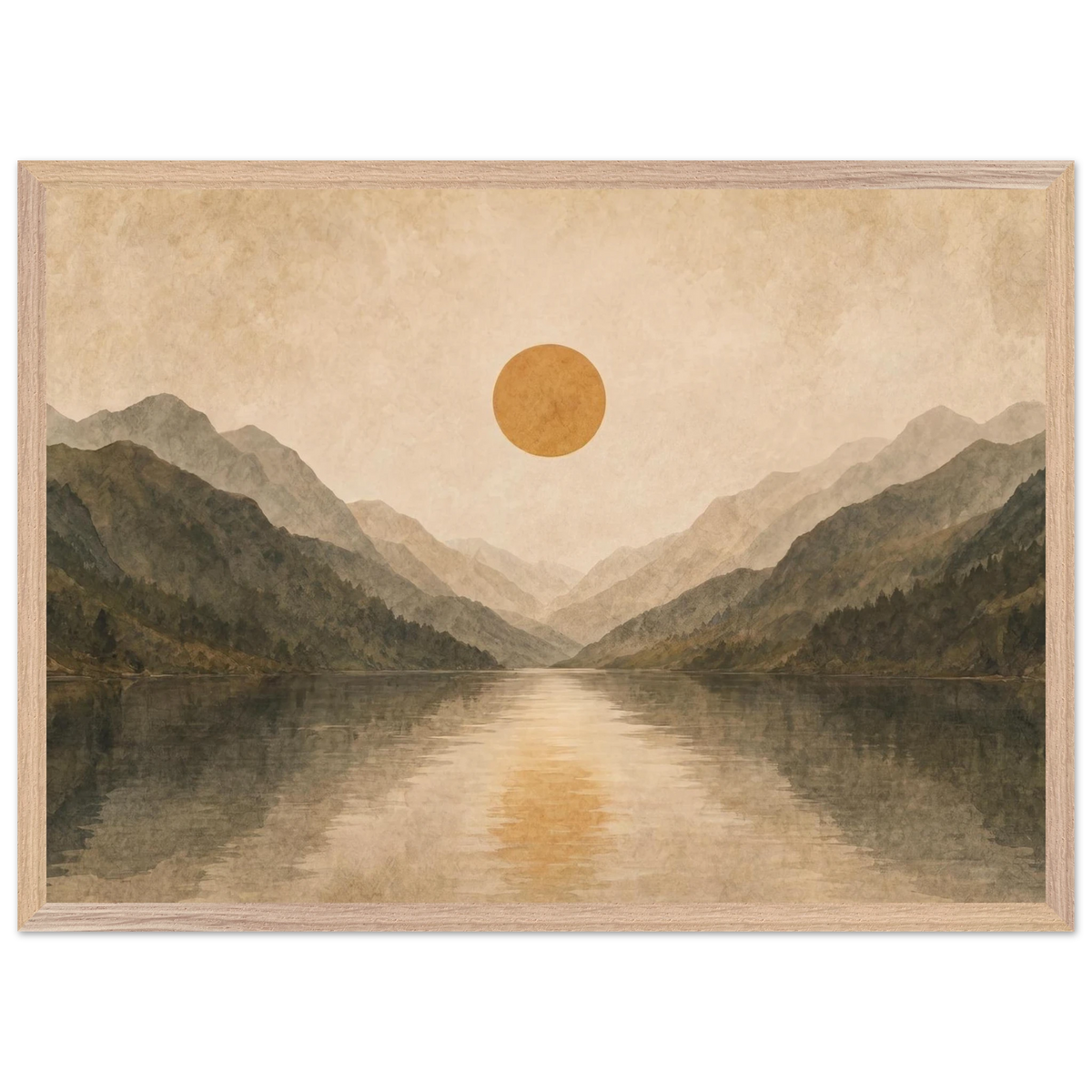Lake Mirror: mountains, sunset and sun reflection. Framed fine art print by The Light Stays.