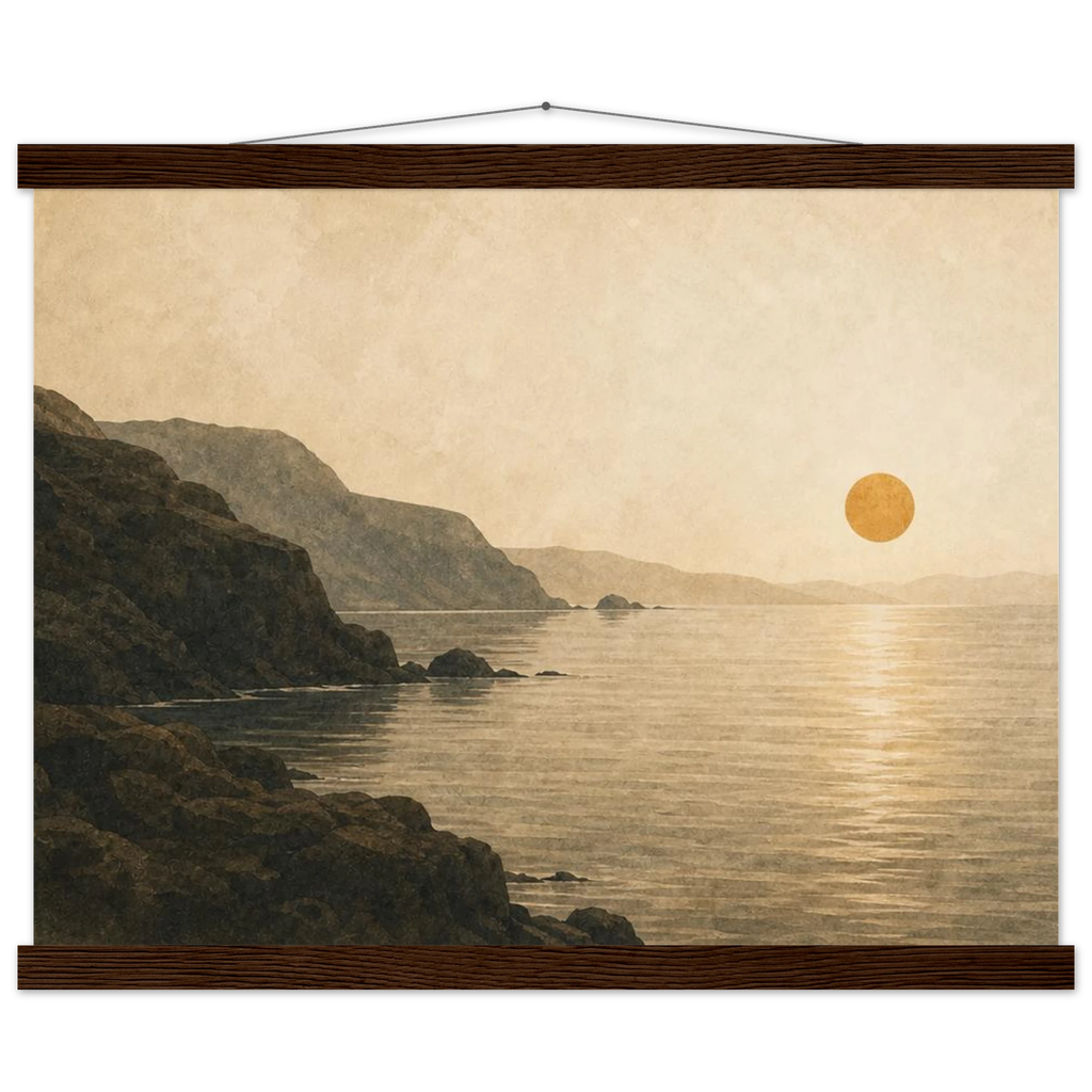 Pôster Amber Coast com suporte de madeira, pôr do sol em tons quentes sobre a costa